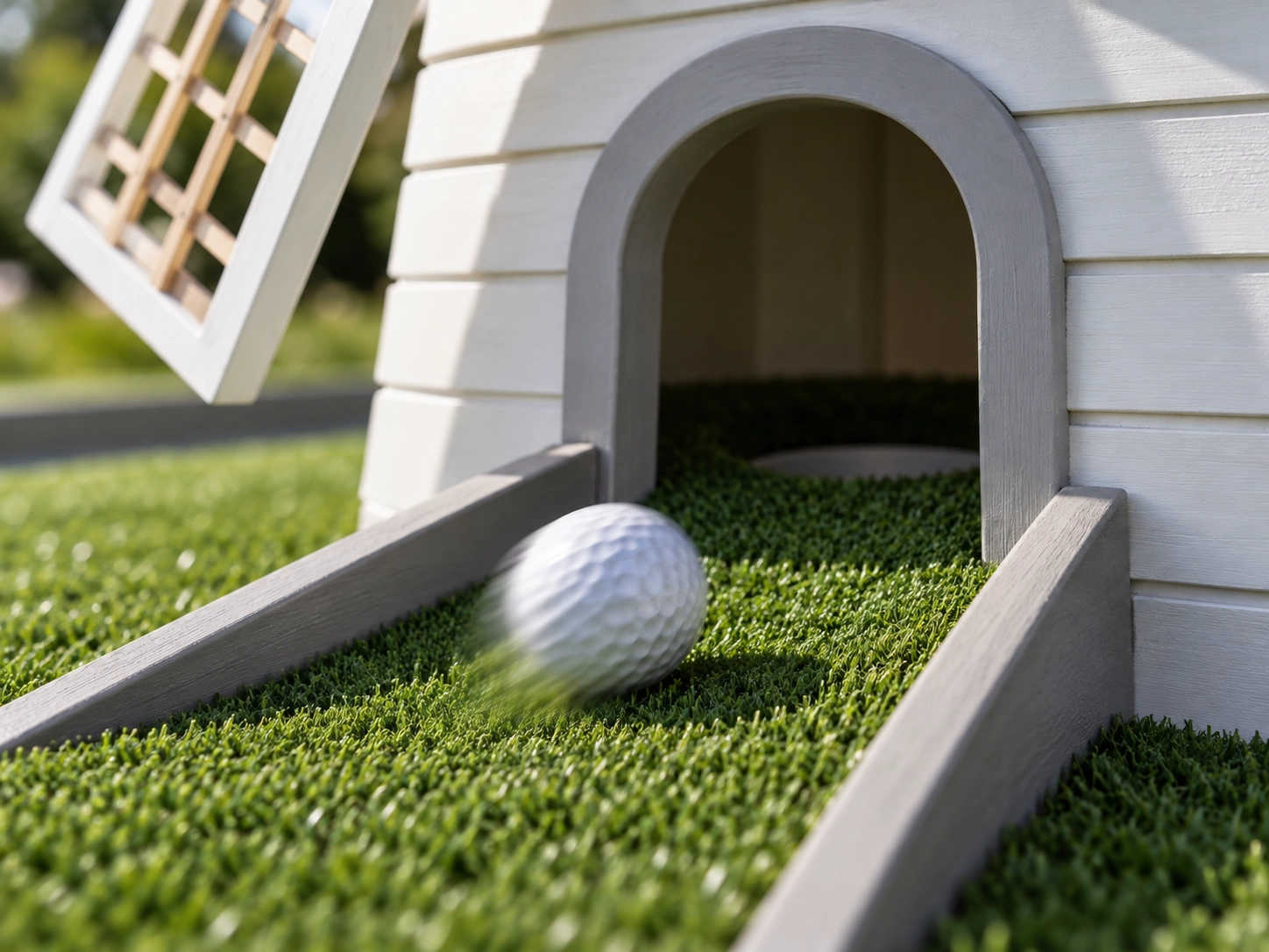 Golf ball heading towards a windmill obstacle on premium artificial putting turf
