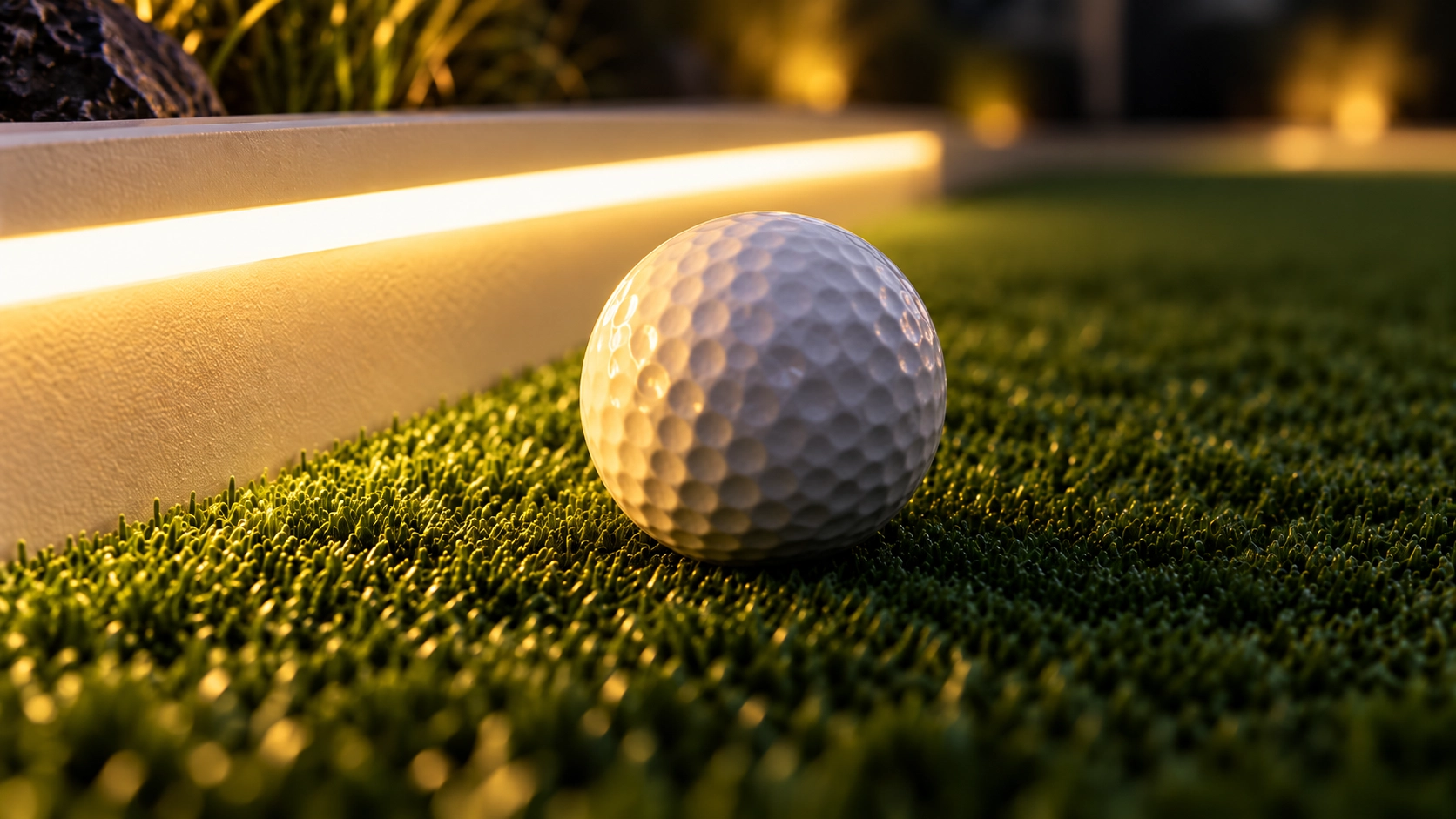 Warm illuminated mini-golf detail after dark